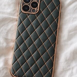 Premium Black Quilted Leather Phone Case with Rose Gold Trim for iPhone 12ProMax